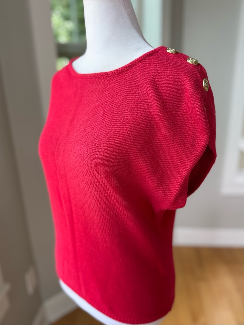 Rachel Zoe Red Nautical Short Sleeve Knit Top with Gold Buttons Sz Large